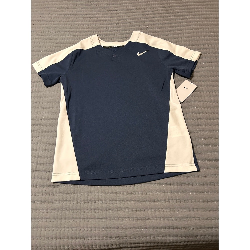 Nike Baseball Boys Large Navy Blue White Two Button Henley Jersey DM3966-420 NWT